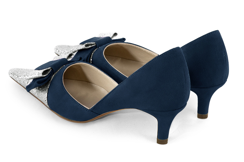 Light silver and navy blue women's open arch dress pumps. Pointed toe. Medium slim heel. Rear view - Florence KOOIJMAN